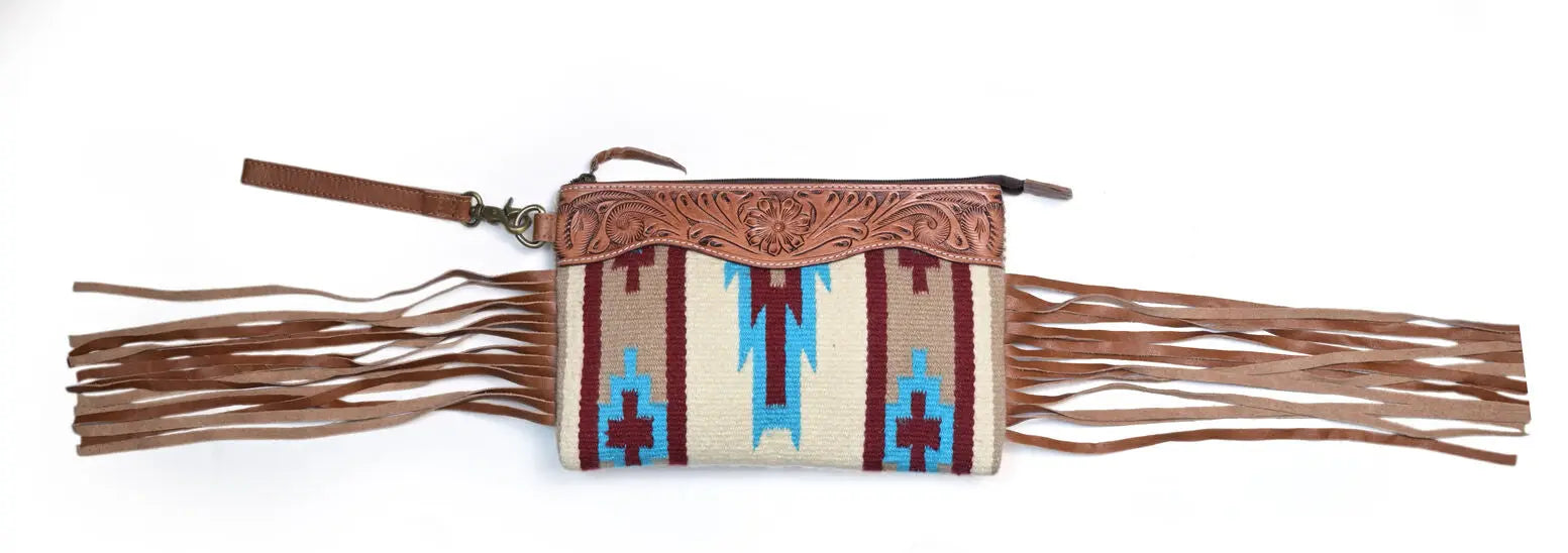 Western Saddle Blanket Hand Tooled Genuine Leather Clutch Wrist Bag - abitoamerica